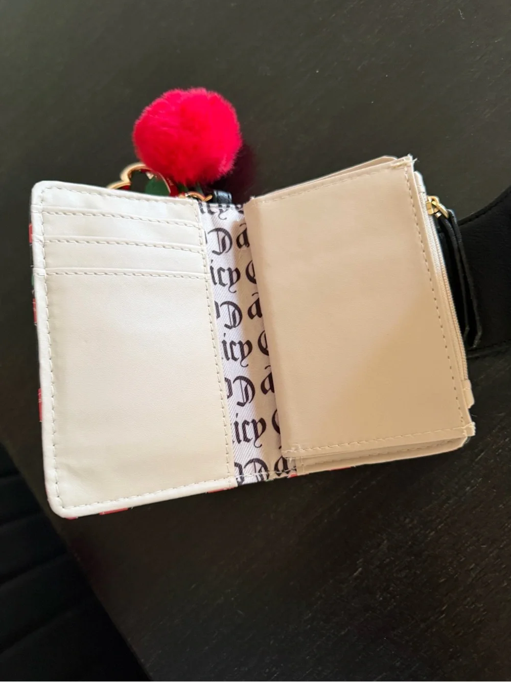 Juicy Couture Black Cherry Print Kids Wallet with Red Pom-Pom Keychain